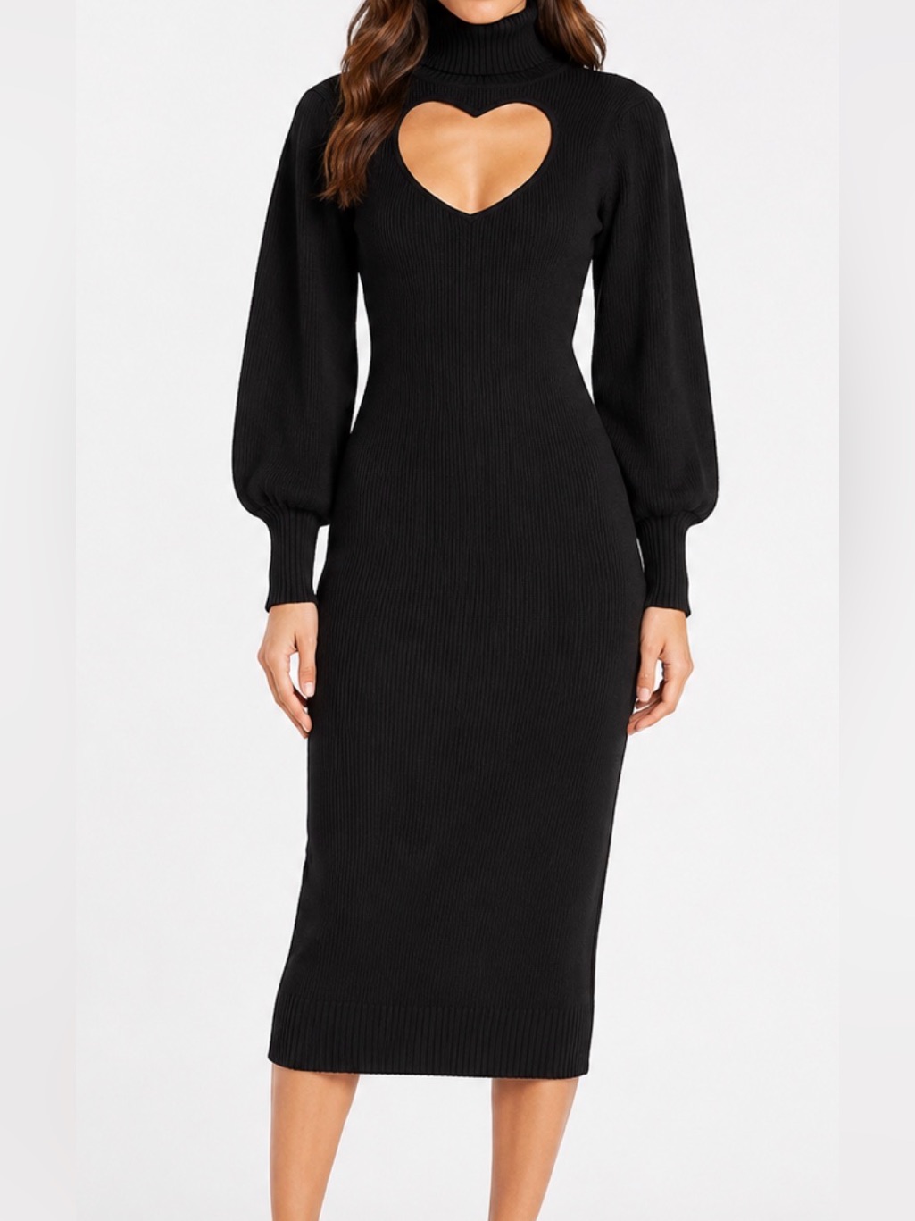 Farm Rio Heart Cutout Knit Turtleneck Sweater Dress Midi Black Size M